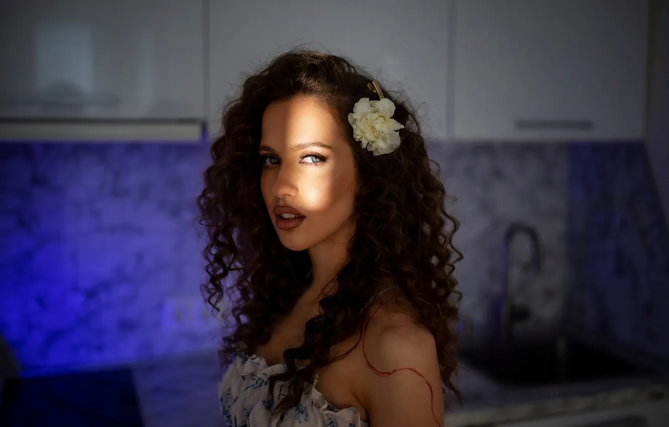 Фото обои dress, model, brunette, kitchen, wavy hair, red lipstick, curly hair, looking at viewer