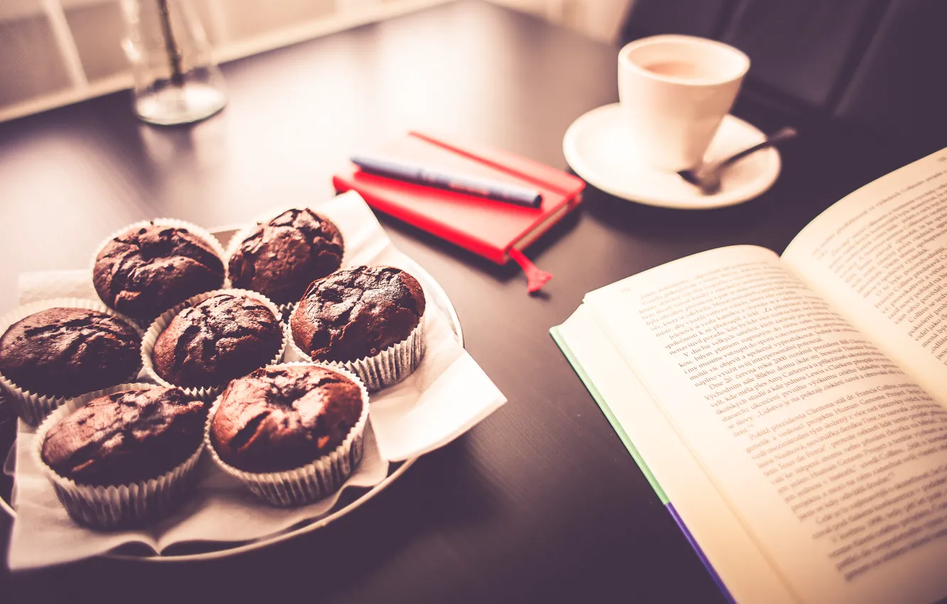 Фото обои завтрак, кружка, чашка, книга, выпечка, кексы