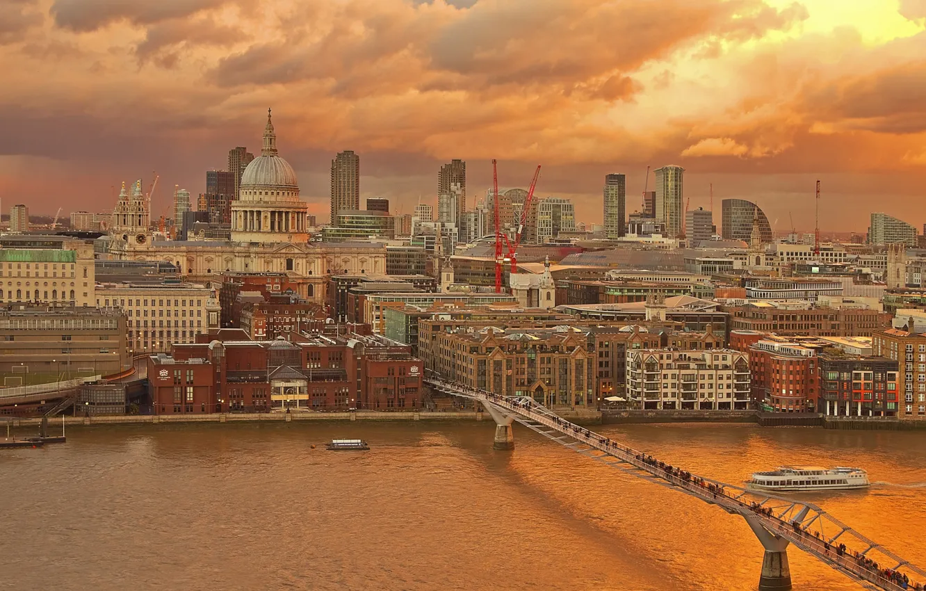 Фото обои мост, река, Англия, Лондон, дома, Темза, Собор Святого Павла