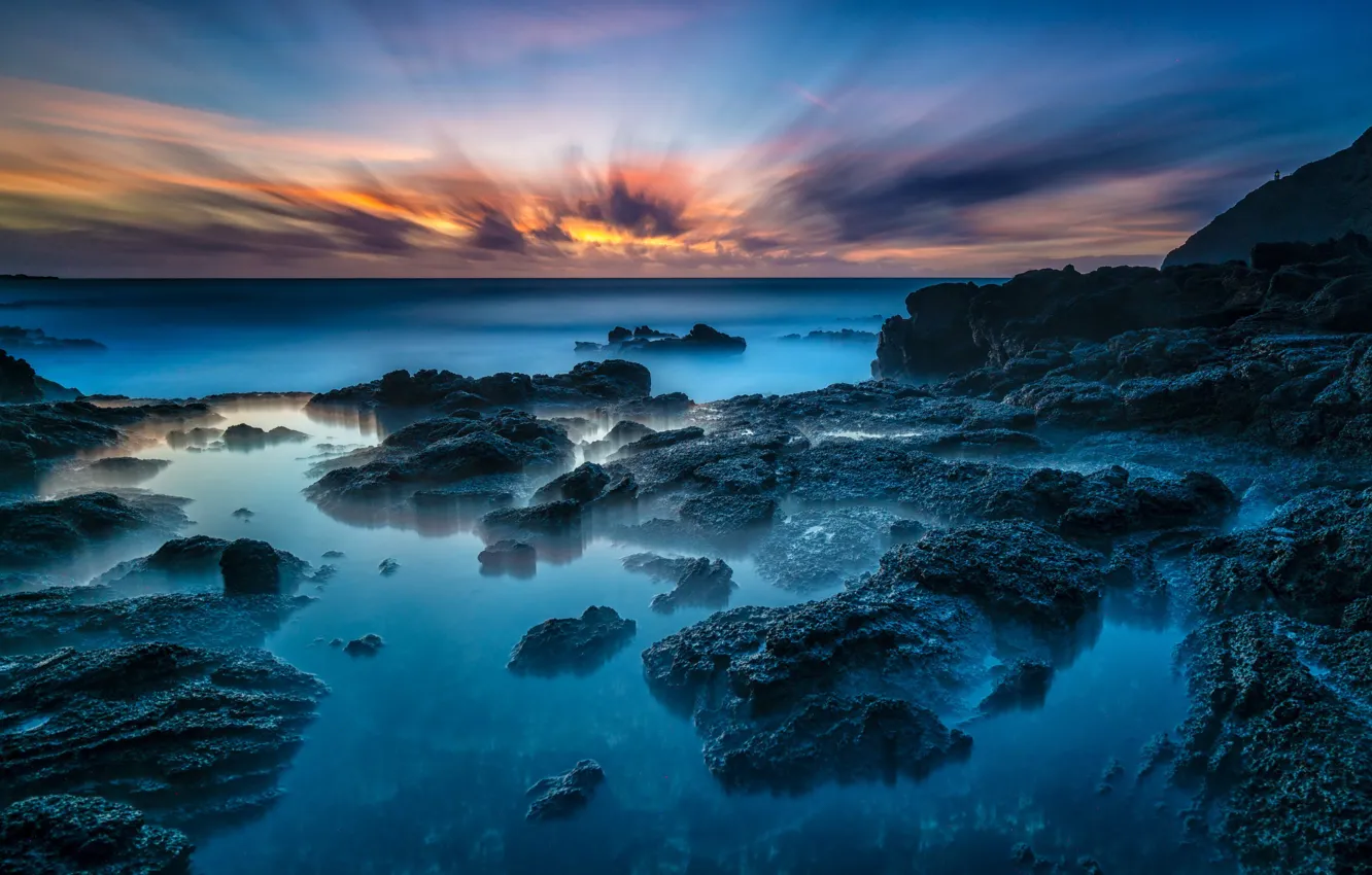 Фото обои небо, закат, тропики, камни, океан, побережье, горизонт, Гавайи