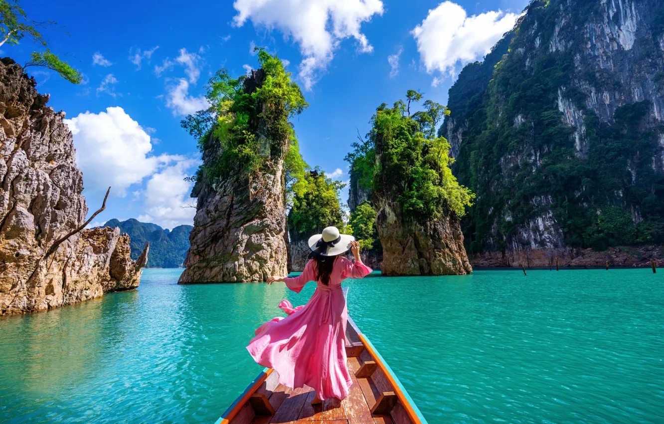 Фото обои море, девушка, пейзаж, природа, скалы, лодка, Таиланд, залив