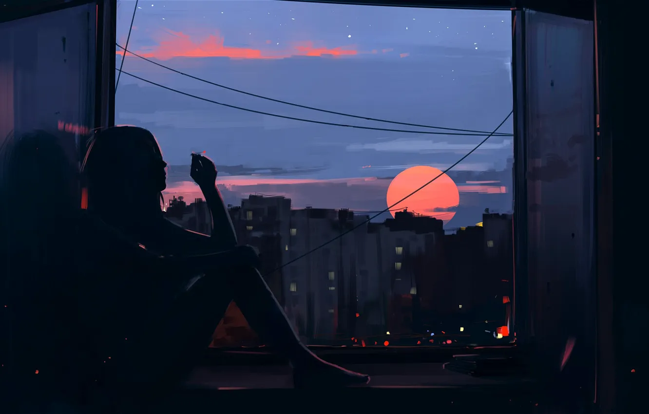 Фото обои city, dark, girl, twilight, smoking, sunset, barefoot, evening