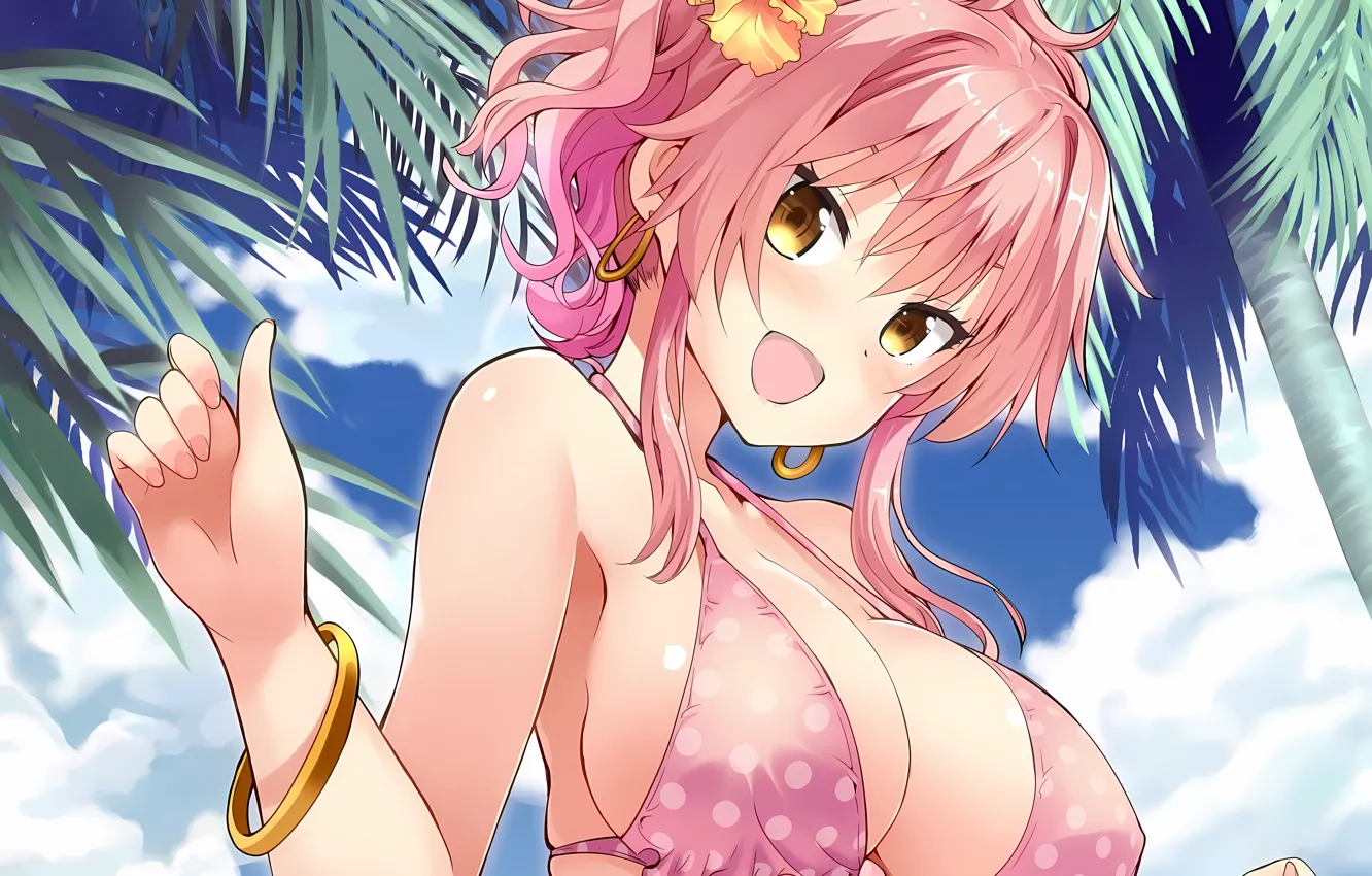 Фото обои girl, sexy, cleavage, pink hair, sky, boobs, anime, beautiful