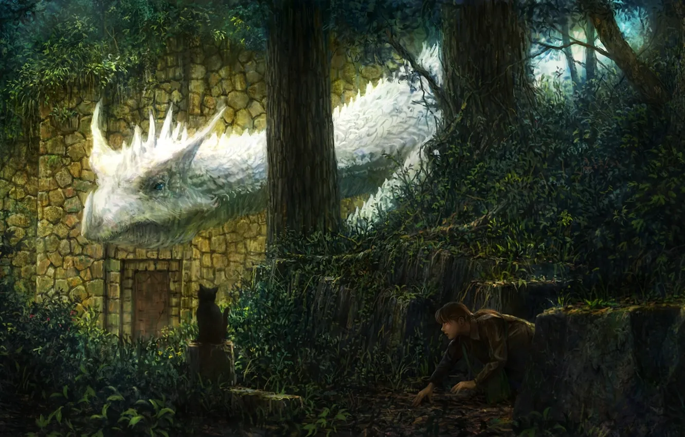 Фото обои лес, кошка, белый, фантастика, дракон, пень, арт, девочка