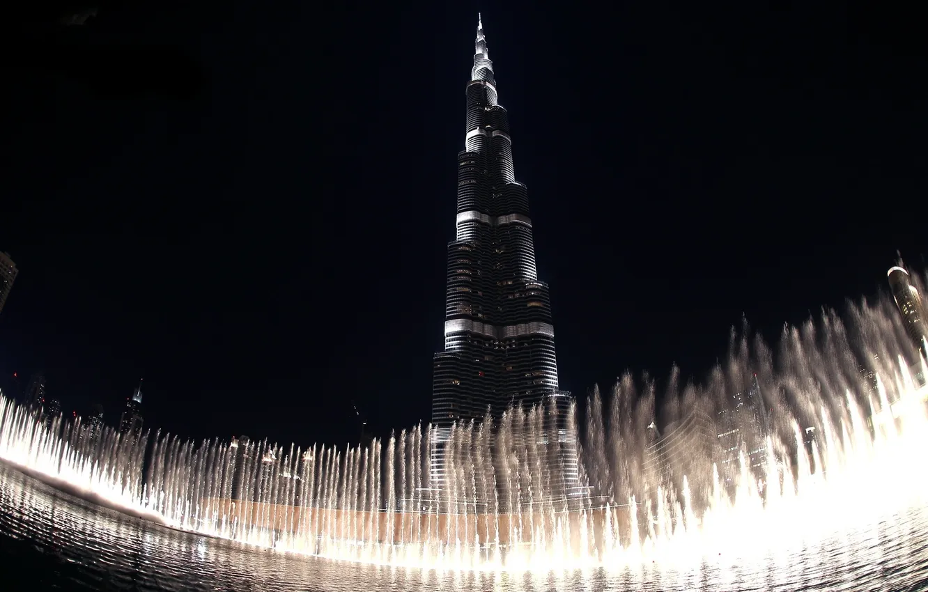 Фото обои ночь, небоскреб, фонтан, Дубай, Dubai, night, Burj Khalifa, fountain