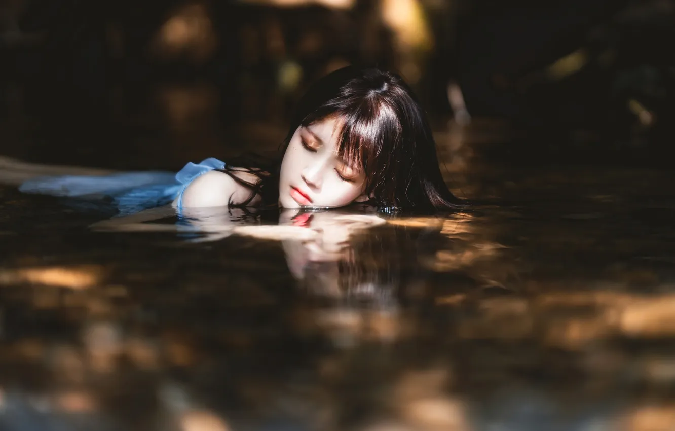 Фото обои Beautiful, Asian, Model, Water, Woman, Pretty, Outdoor, Closed Eyes