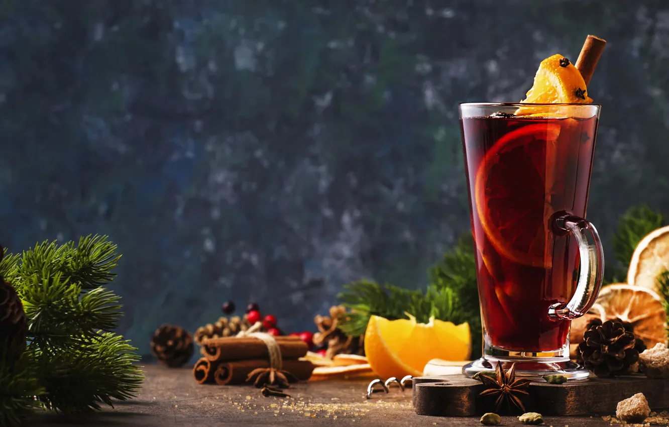 Фото обои ветки, стакан, стол, фон, чай, бокал, новый год, апельсин