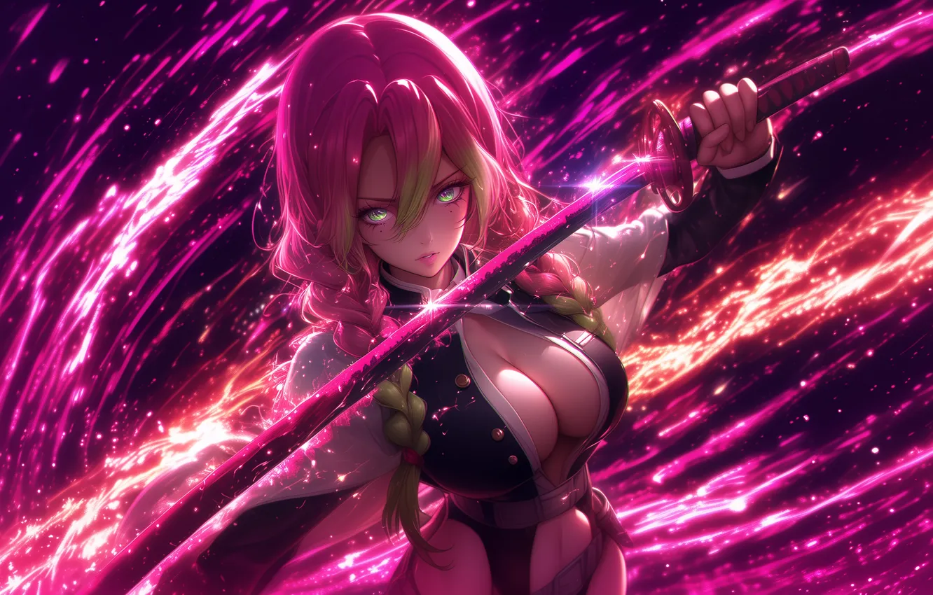Фото обои катана, pink, art, клинок, эпик, demon slayer, клинок рассекающий демонов, Mitsuri Kanroji