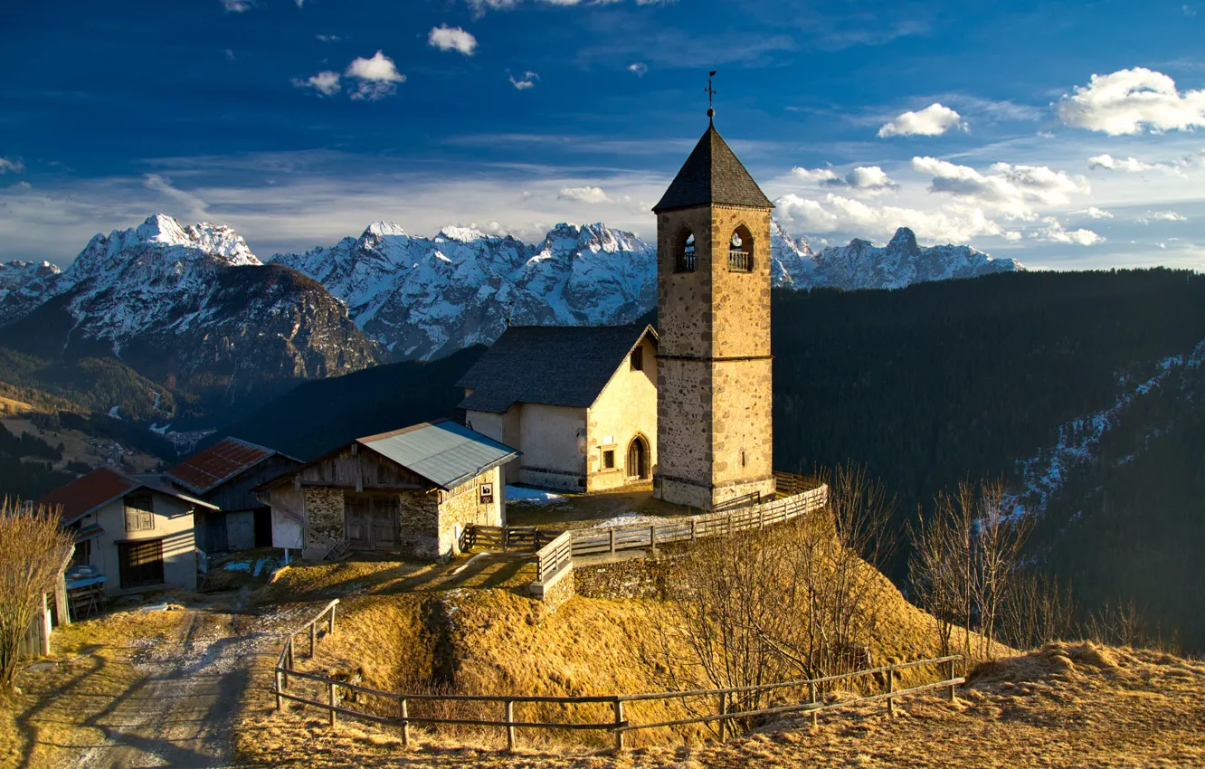 Фото обои зима, пейзаж, горы, природа, Италия, церковь, Доломиты