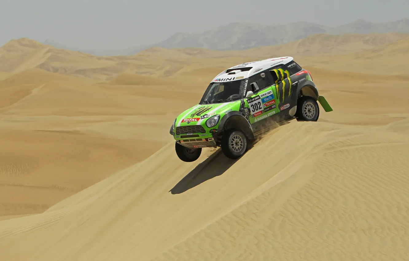 Фото обои зеленый, Спорт, Пустыня, Mini Cooper, Rally, Dakar, Дакар, Ралли