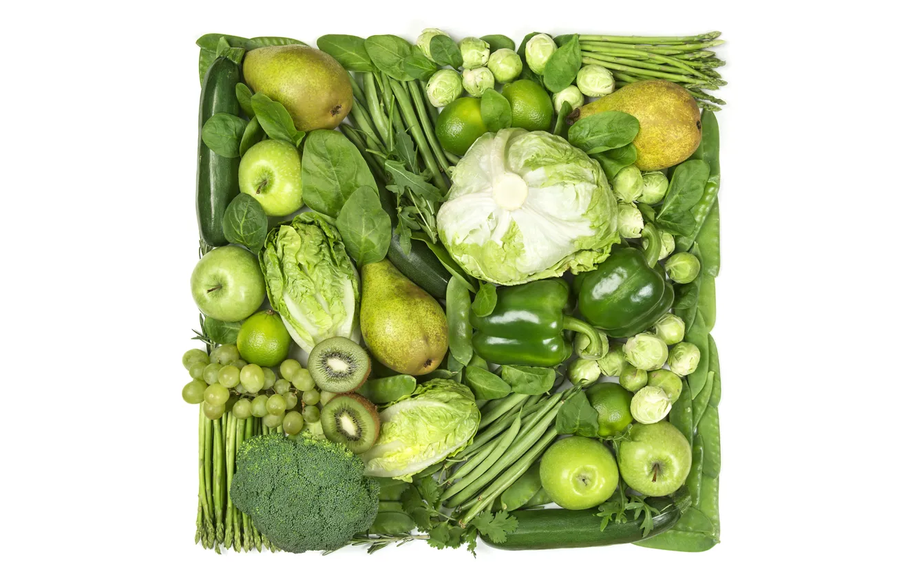 Фото обои зелень, креатив, яблоки, киви, горох, белый фон, лайм, перец