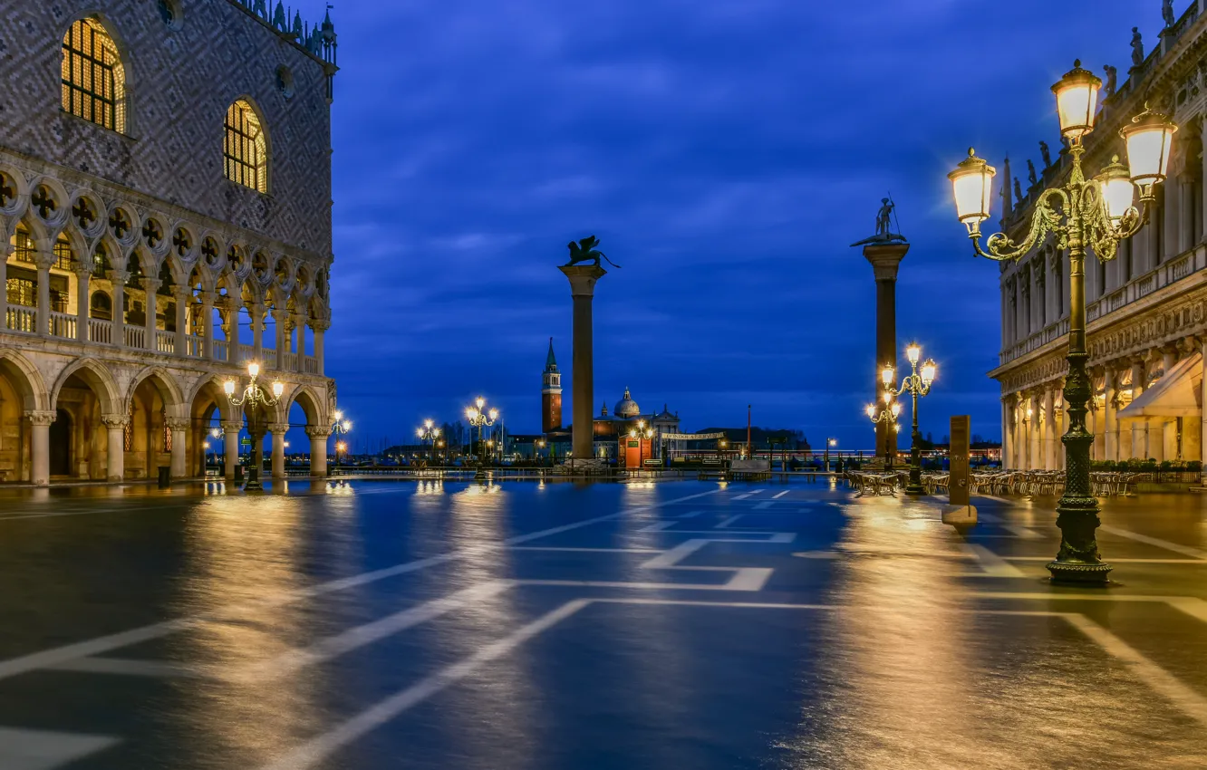 Фото обои вечер, площадь, фонари, Италия, Венеция