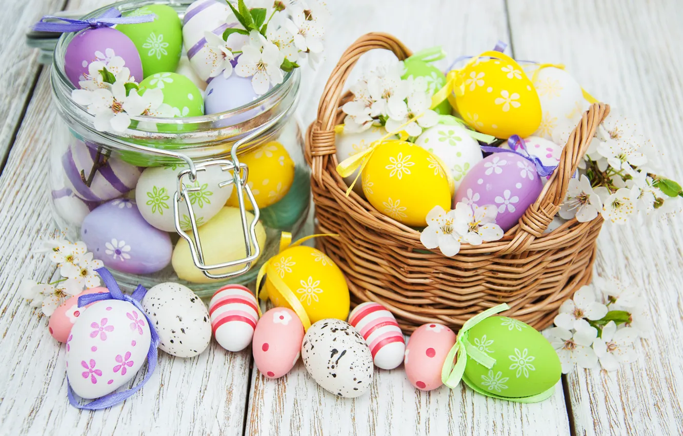 Фото обои цветы, яйца, весна, colorful, Пасха, happy, wood, blossom