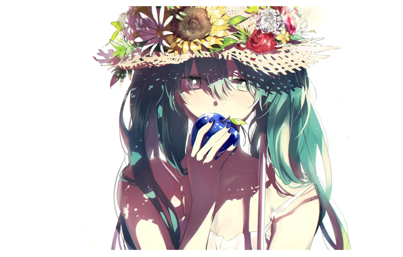 Фото обои цветы, лицо, яблоко, подсолнух, шляпа, белый фон, vocaloid, Hatsune Miku