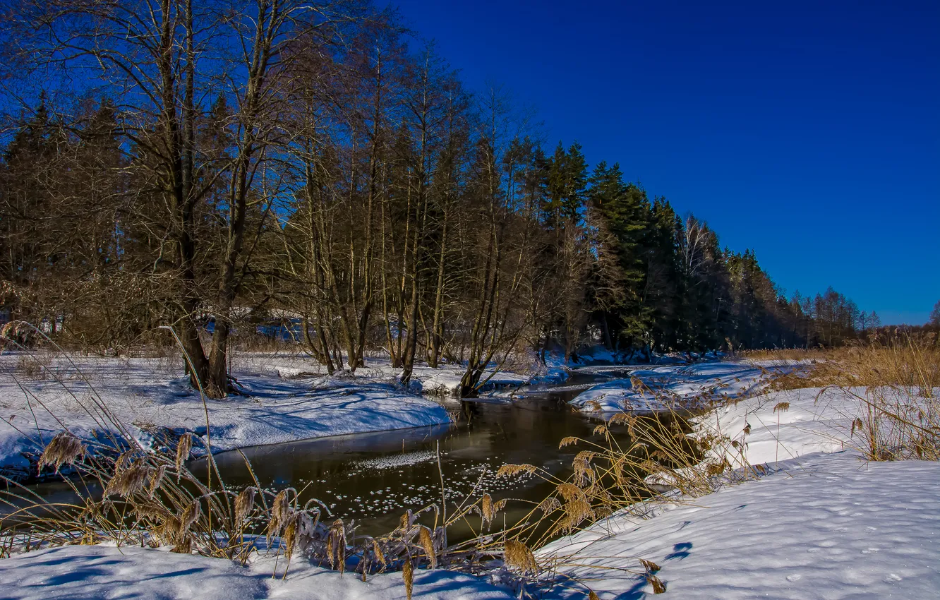 Фото обои зима, снег, природа, речка, солнечный день