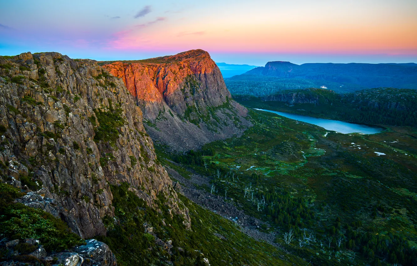 Фото обои закат, горы, озеро, скалы, Австралия, King David Peak