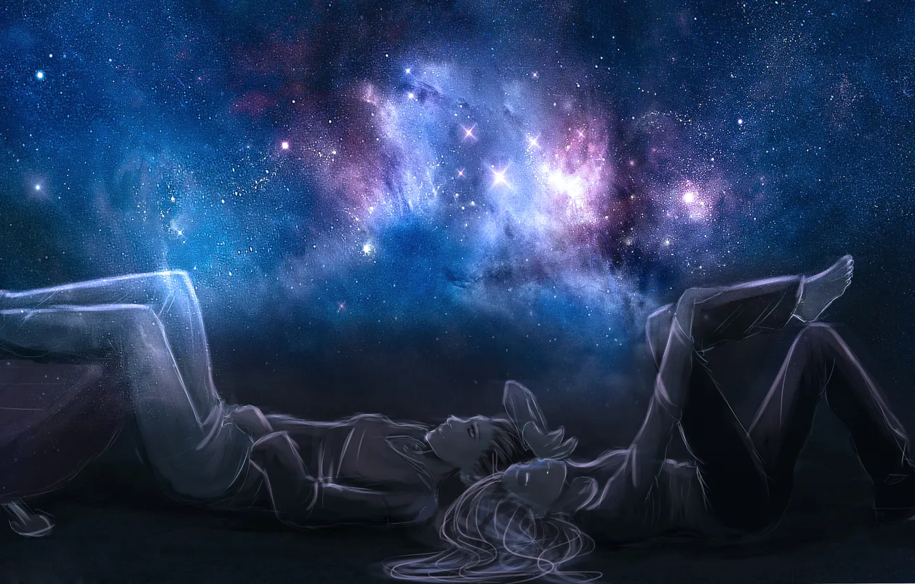 Фото обои девушка, звезды, ночь, Небо, парень, призраки, двое