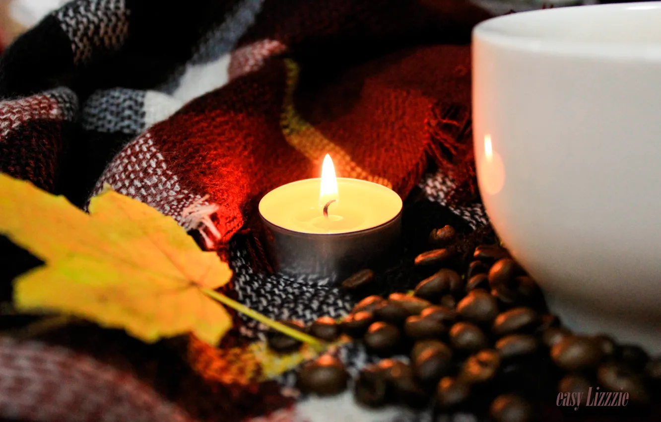 Фото обои кофейные зерна, candle, warm, autmn, свеча. свечка