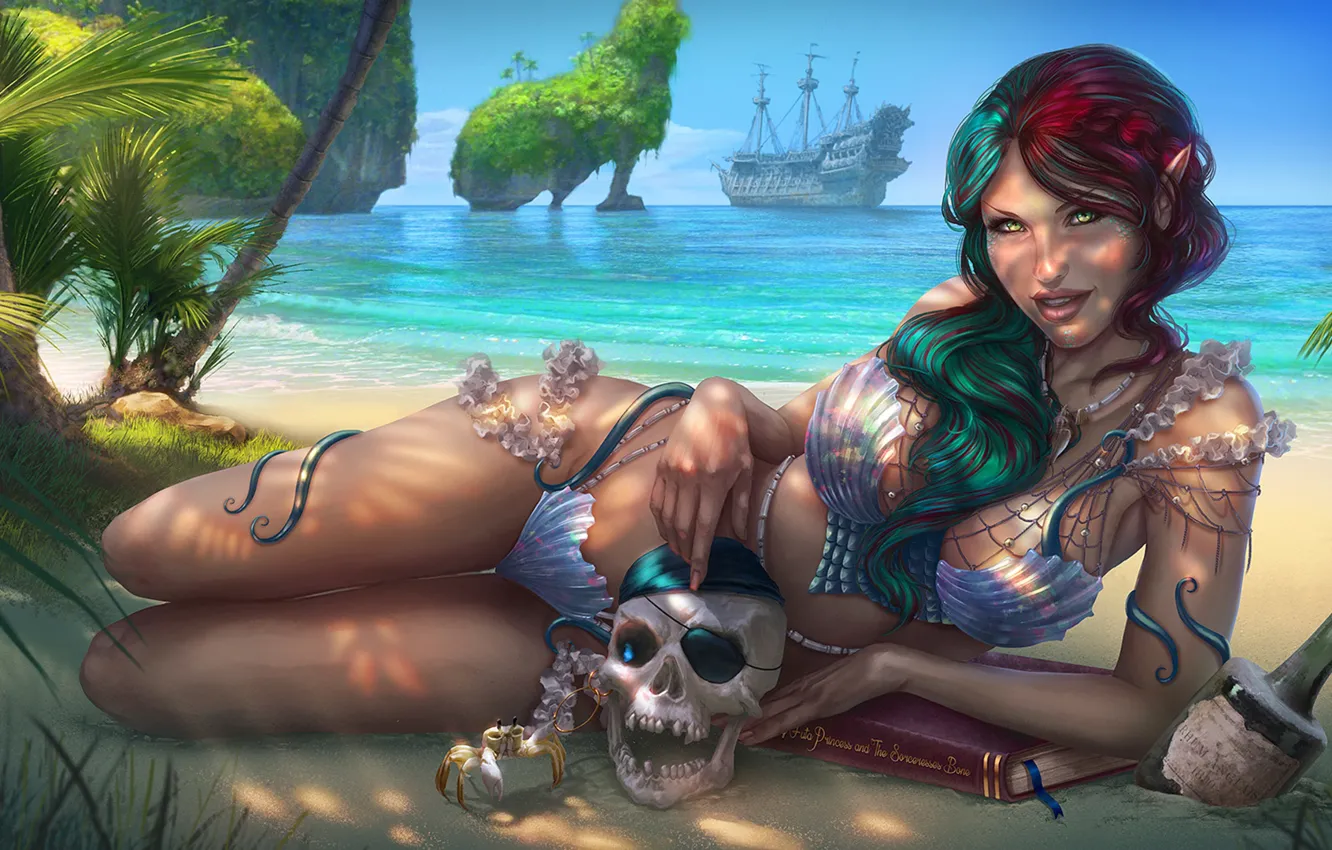 Фото обои пляж, девушка, берег, корабль, череп