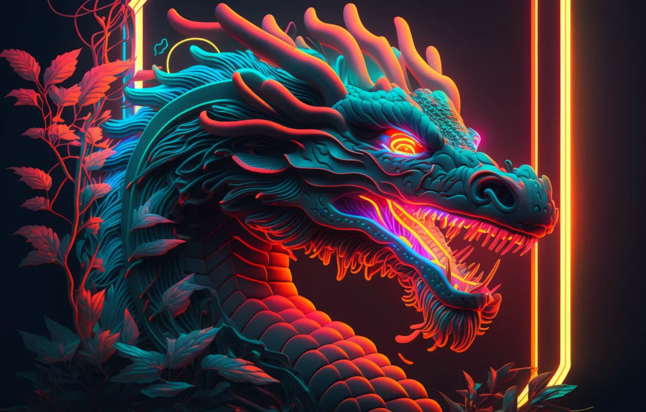 Фото обои дракон, клыки, рогатый, dragon, горящие глаза, пасть дракона