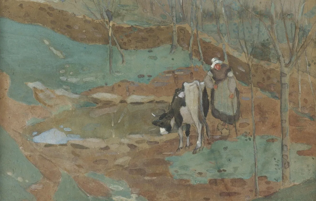 Фото обои рисунок, акварель, Женщина и корова в пейзаже, Frederick Carl Frieseke