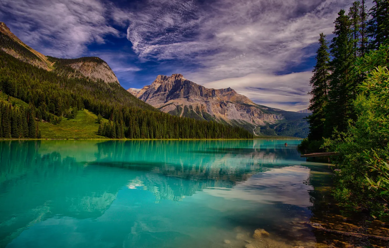 Фото обои лес, небо, облака, деревья, горы, озеро, красота, Канада