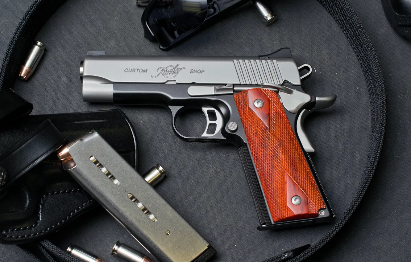 Фото обои пистолет, оружие, патроны, кобура, 1911, custom shop, Kimber Manufacturing, American company