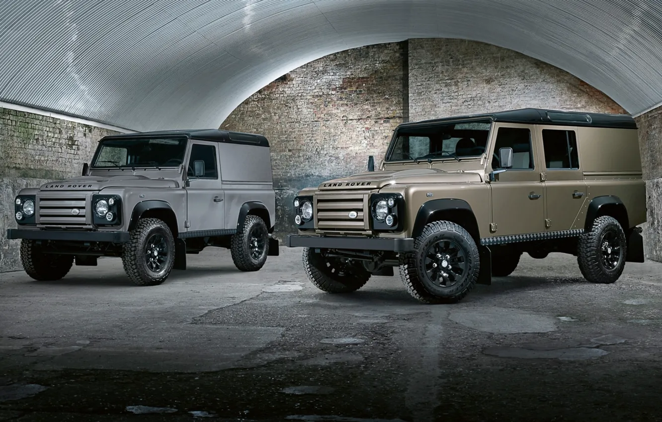 Фото обои фон, ангар, джип, внедорожник, Land Rover, передок, Defender, Лэнд Ровер