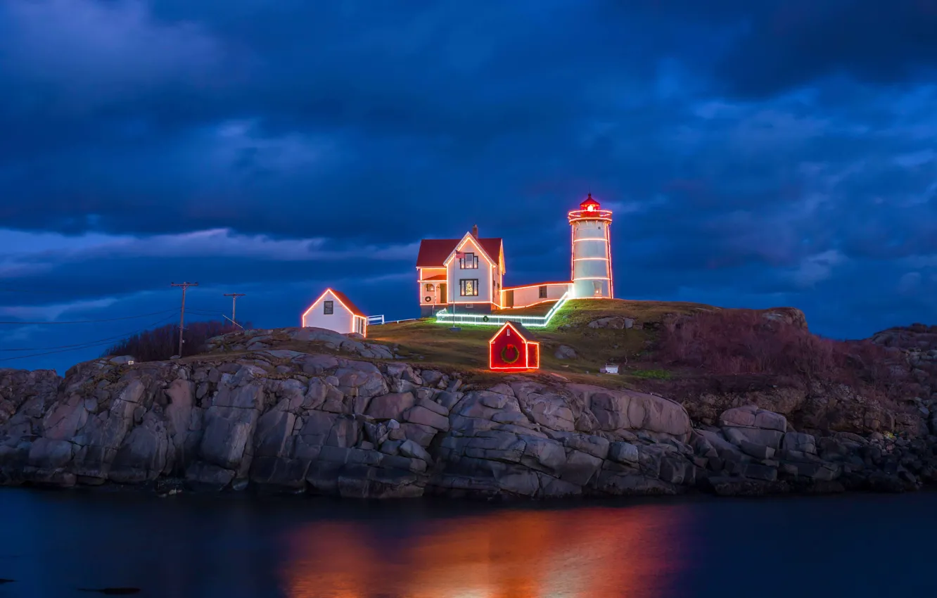 Фото обои огни, праздник, маяк, Рождество, США, Мэн, остров Наббл