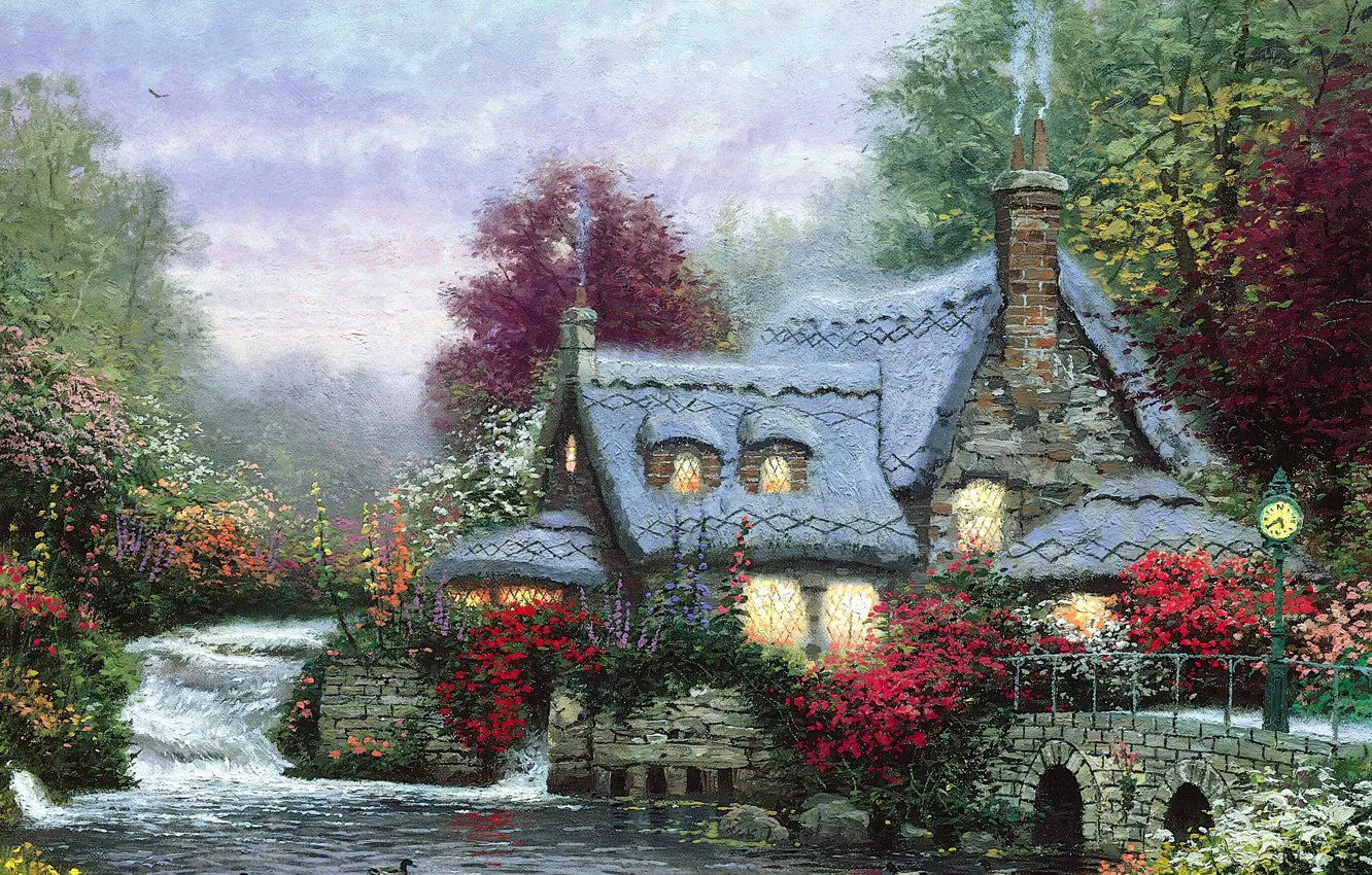 Фото обои brook, flowers, thomas kinkade, duck, The Miller's cottage Thomashire