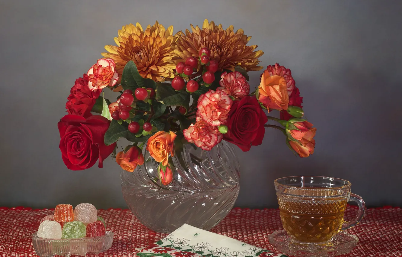 Фото обои цветы, стиль, чай, розы, букет, кружка, натюрморт, хризантемы