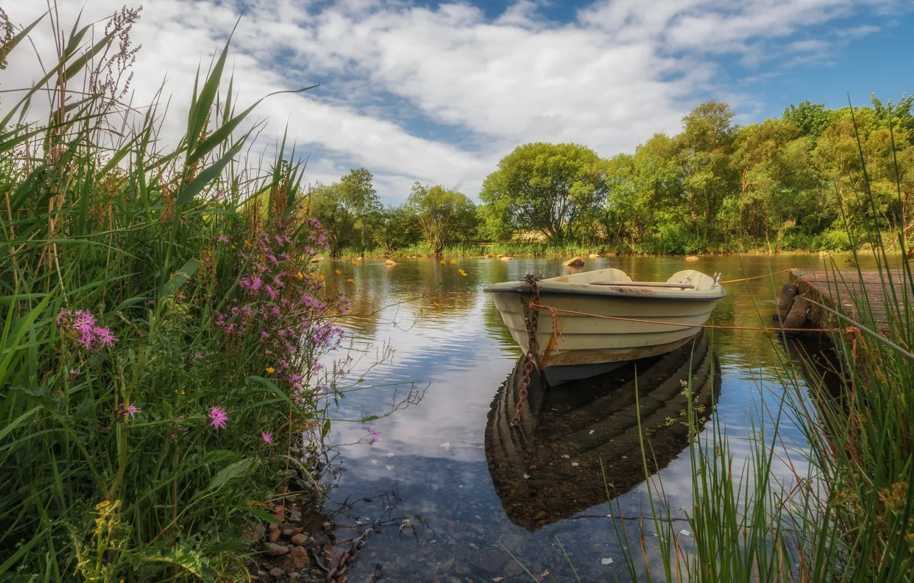 Фото обои трава, пейзаж, река, лодка, Уэльс, Брайнрфейл
