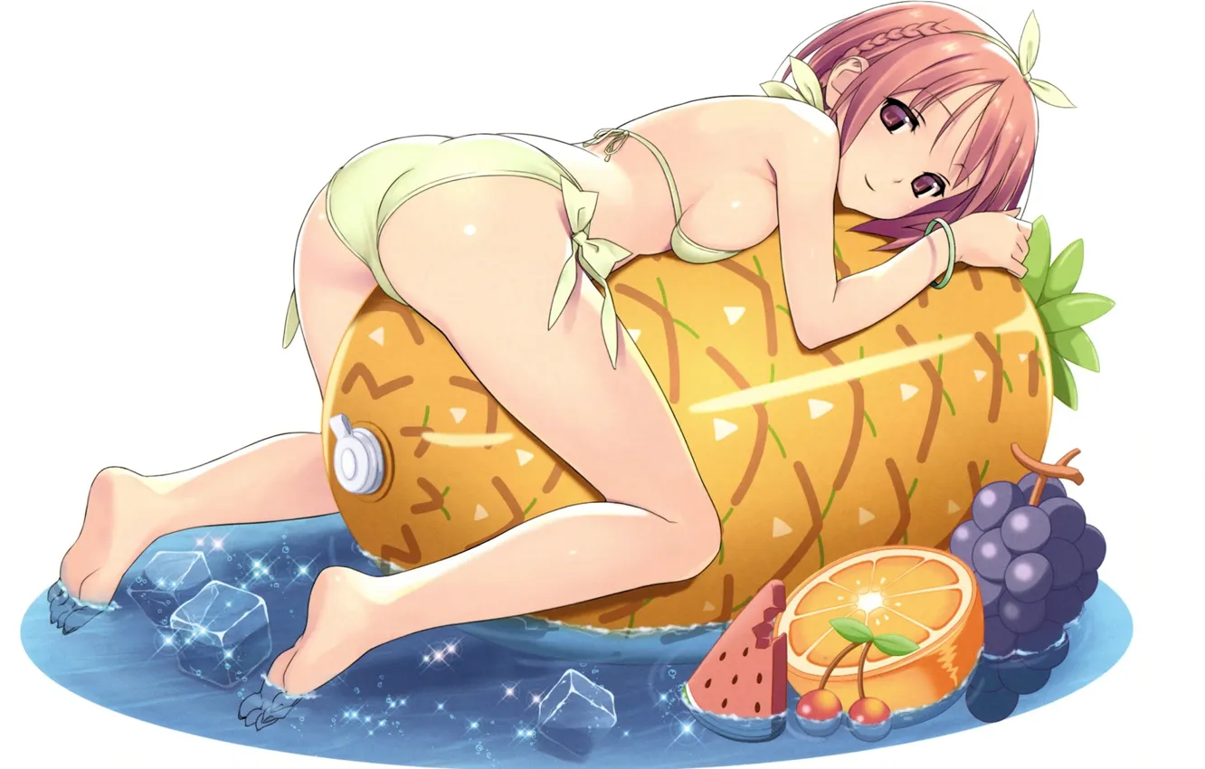 Фото обои апельсин, виноград, ананас, в воде, надувной матрац, кубики льда, в бикини, лежащая девушка