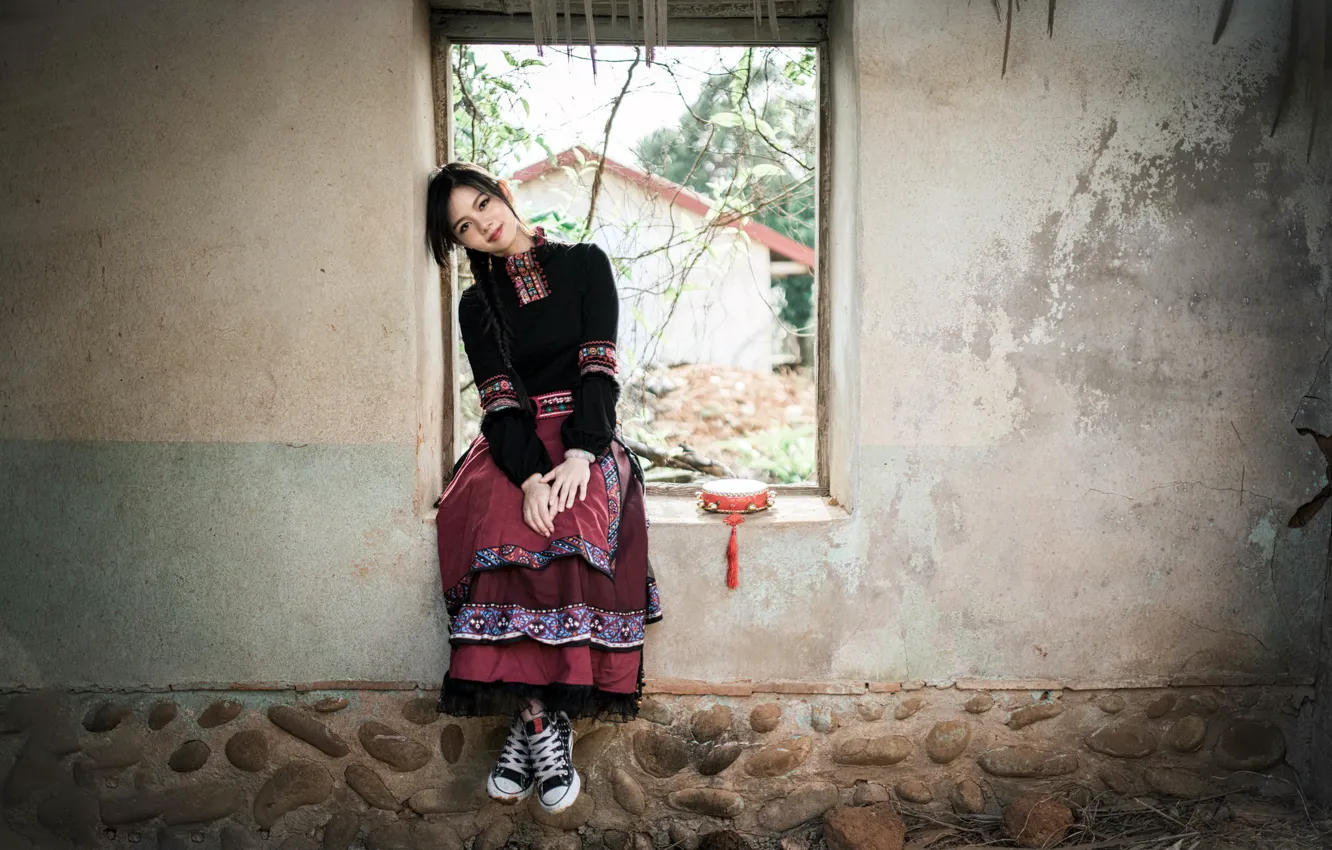 Фото обои девушка, окно, азиатка