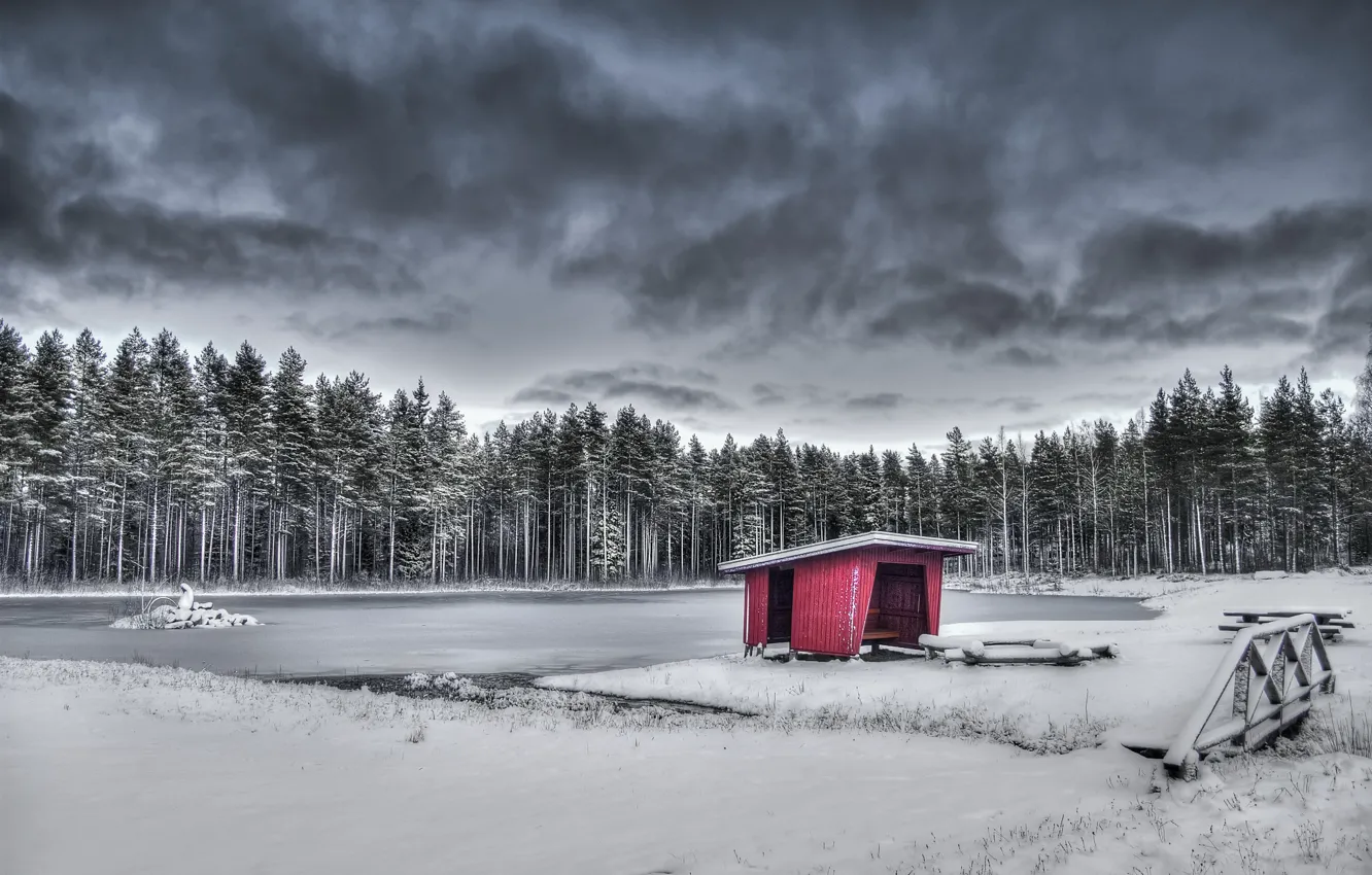 Фото обои зима, озеро, дома