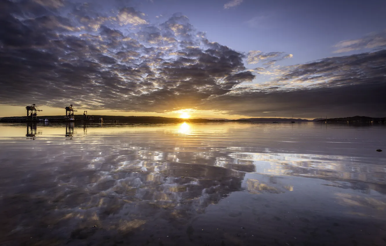 Фото обои пляж, закат, отражение, Шотландия, симметрия, Соединенное Королевство, Эйршир, Fairlie