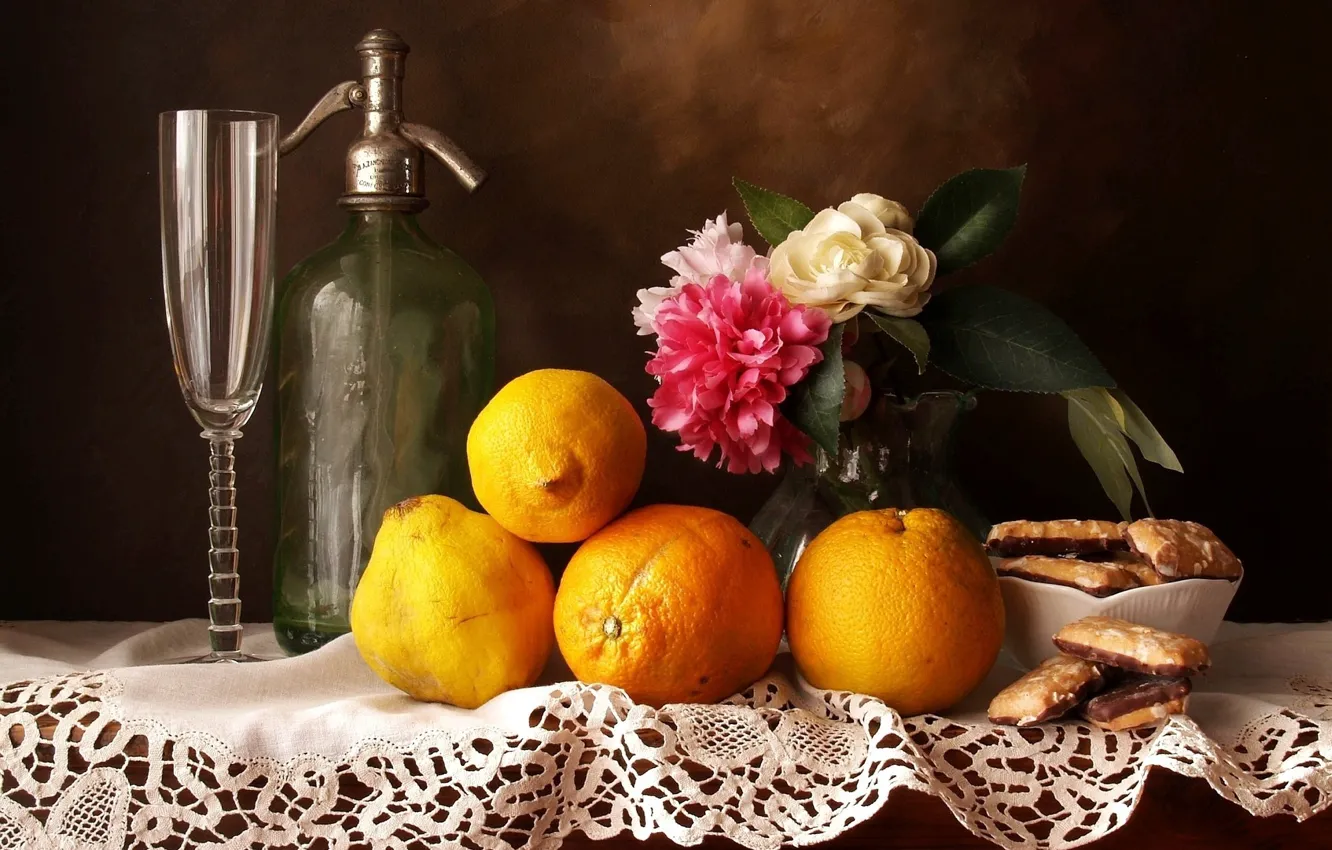 Фото обои glass, flowers, sweet, fruits, sweets, Still life, oranges, peonies