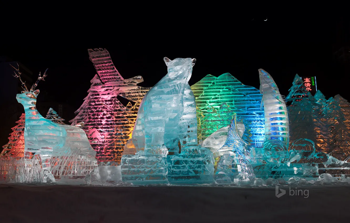 Фото обои свет, ночь, цвет, Японии, Саппоро, ледяные скульптуры, Winter Festival