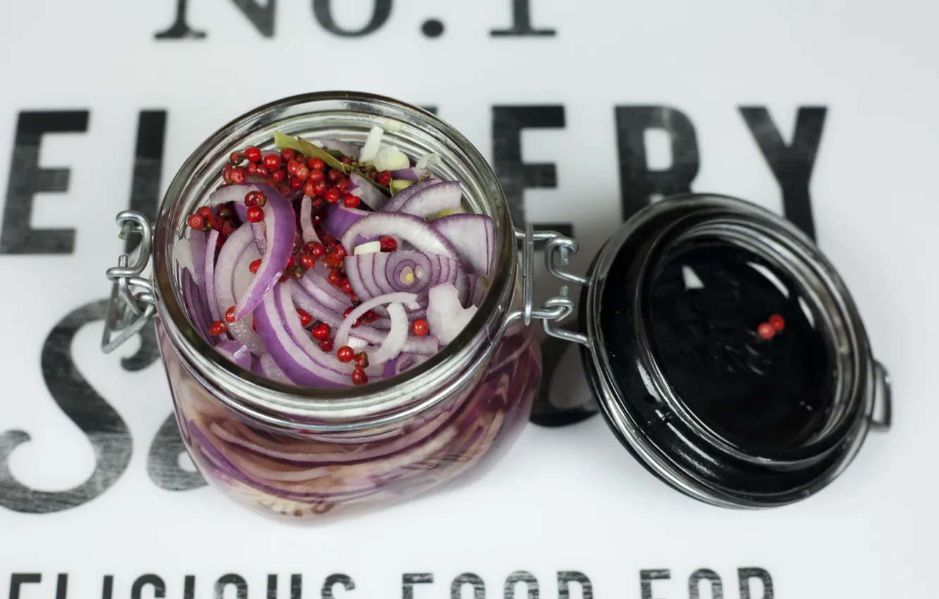 Фото обои лук, банка, Pickled onion, Маринованный лук