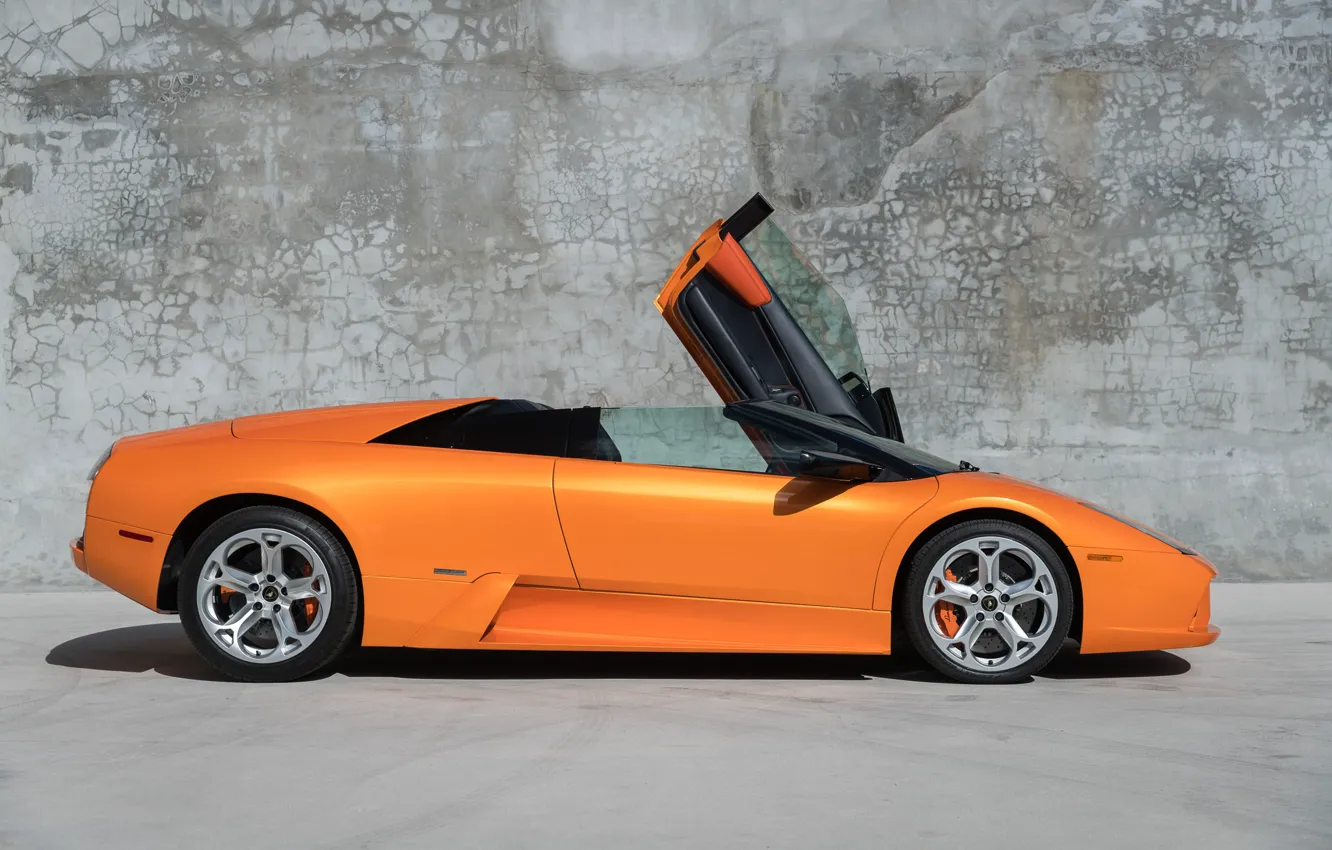 Фото обои Оранжевый, Суперкар, Вид сбоку, Scissor doors, Lamborghini Murcielago Roadster