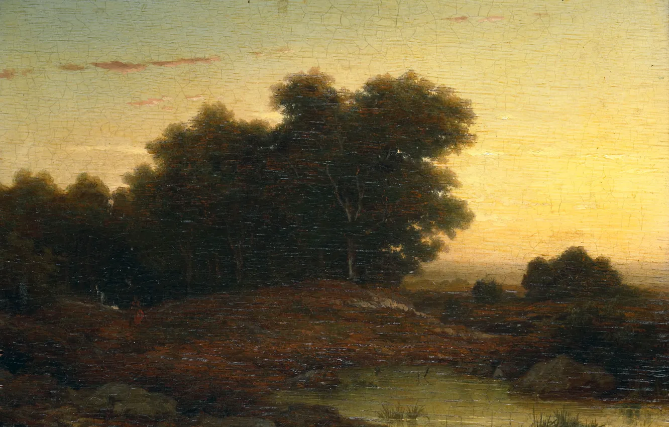Фото обои пейзаж, масло, картина, Louwrens Hanedoes, 1849, Лес на Закате, Луренс Ханедос