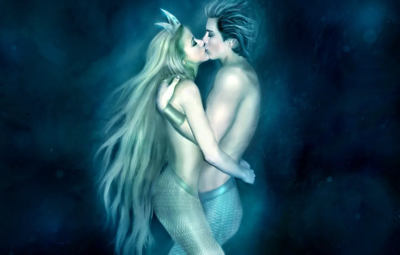 Фото обои русалка, поцелуй, Любовь