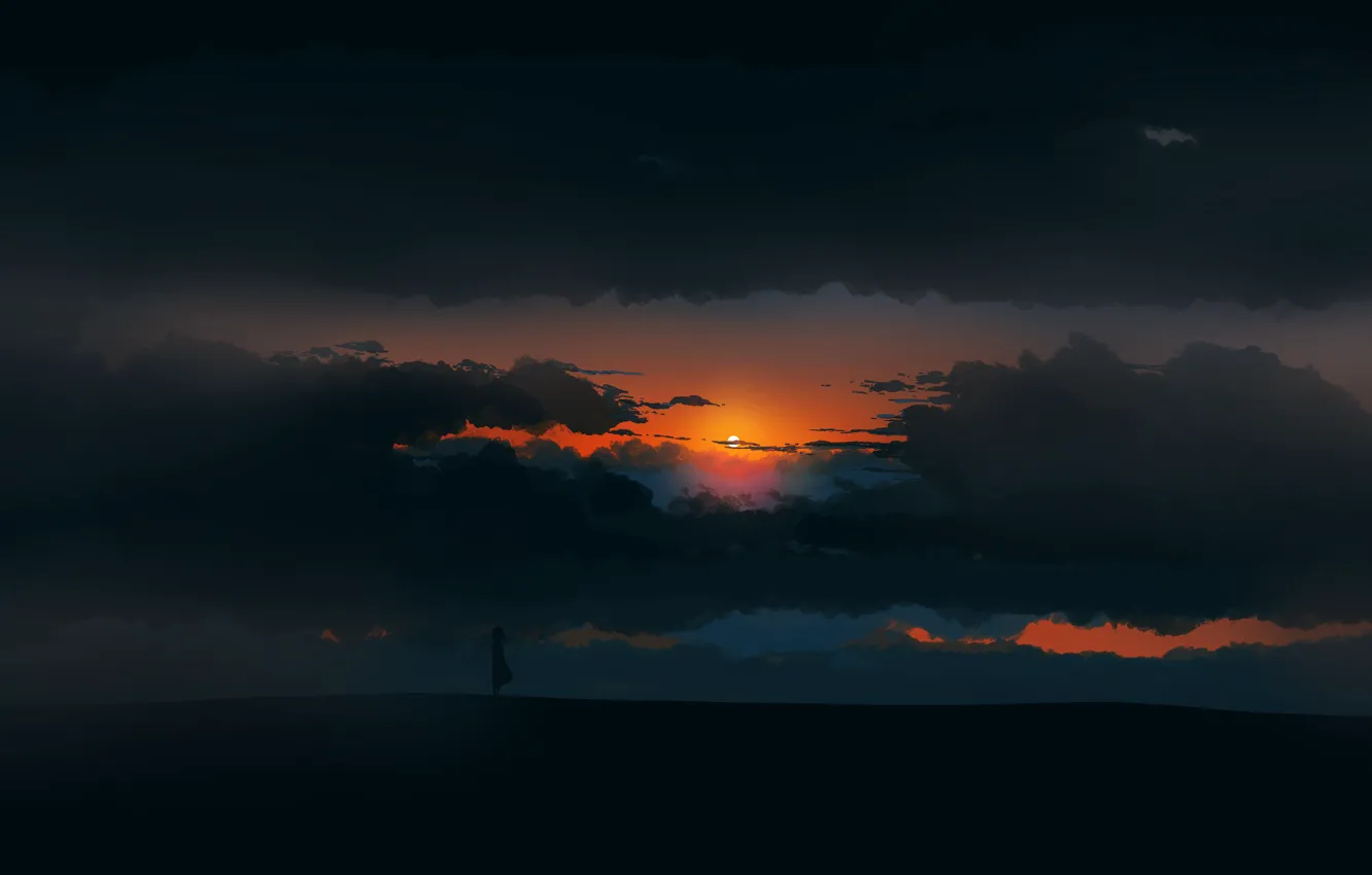 Фото обои girl, twilight, sky, landscape, Sunset, art, figure, clouds