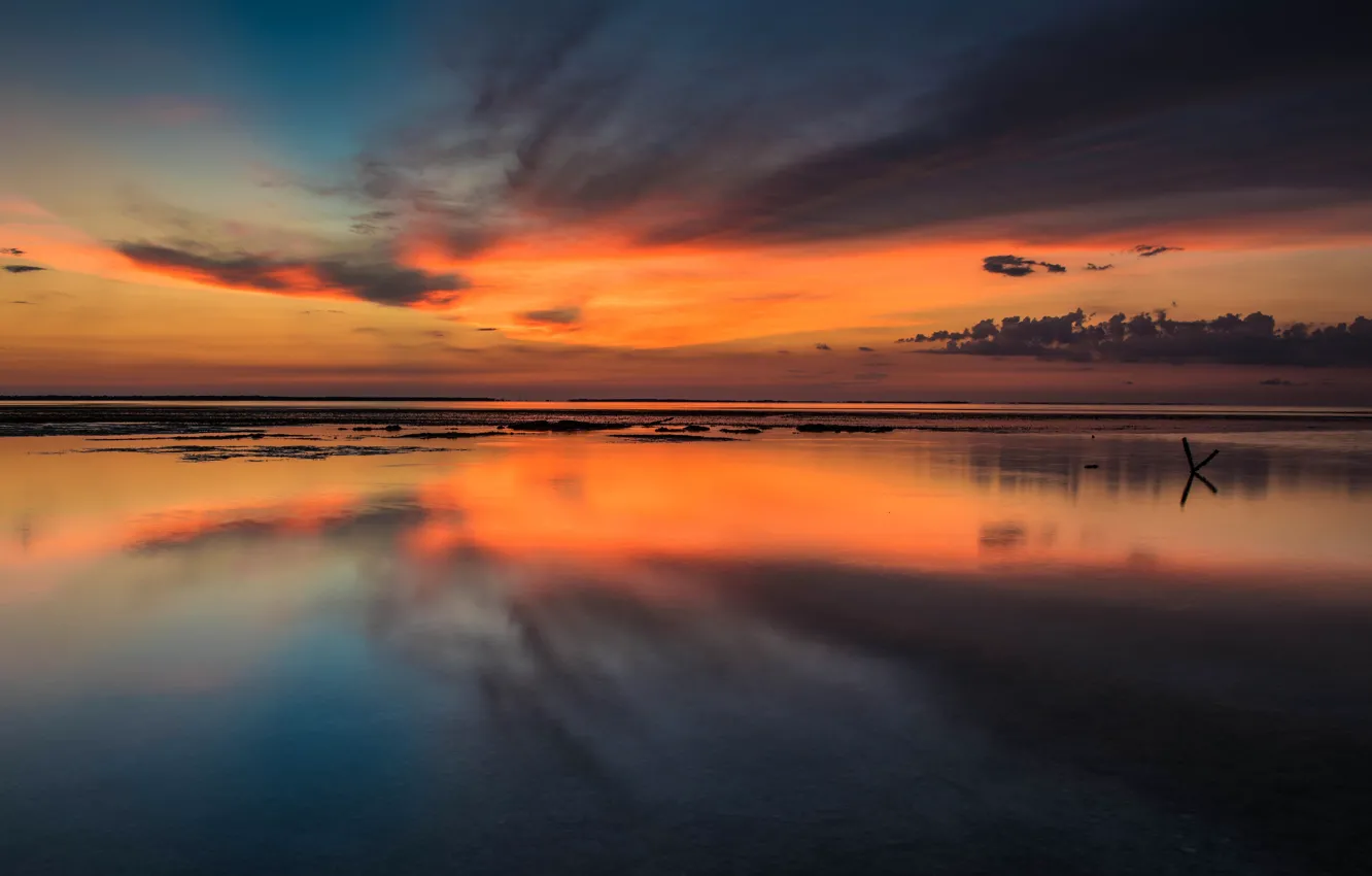 Фото обои небо, облака, закат, тучи, природа, темнота, отражение, река