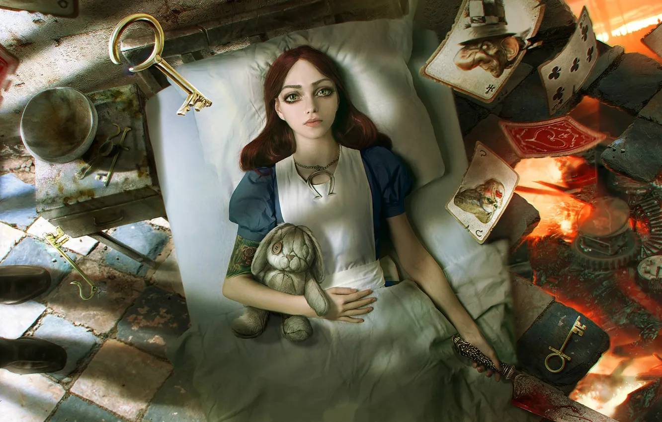 Фото обои пламя, кровь, кролик, Алиса, нож, разрушение, game, ключи