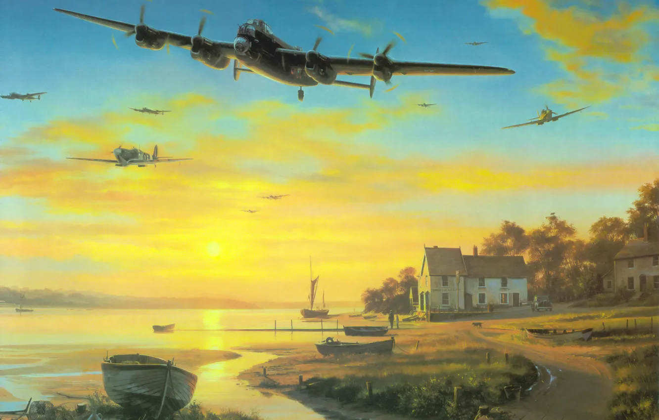 Фото обои war, airplane, painting, ww2, Avro Lancaster, british bomber, aviation art