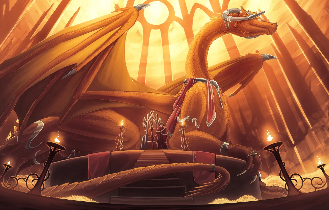 Фото обои дракон, человек, арт, лестница, зал, трон, король, гигантский
