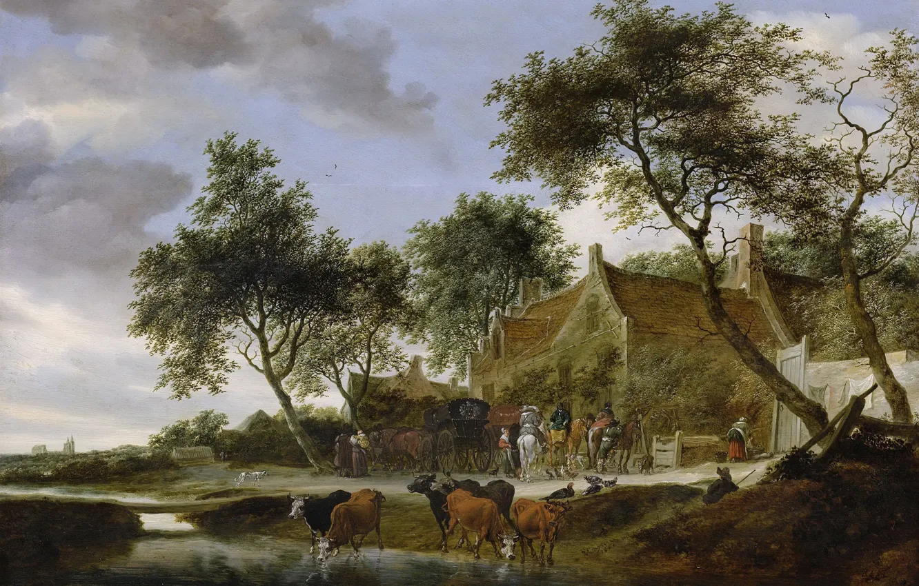 Фото обои пейзаж, дома, картина, коровы, Salomon van Ruysdael, Соломон ван Рёйсдал, Pleisterplaats