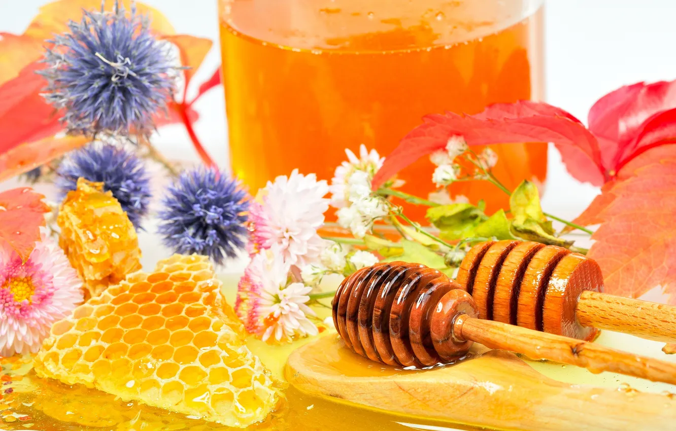 Фото обои цветы, соты, мед, ложка, honey, деревянная