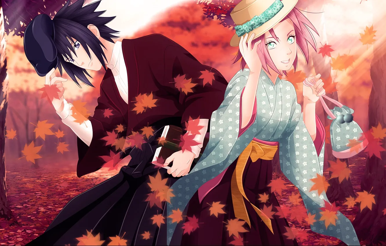 Фото обои girl, love, game, Naruto, hat, woman, anime, leaves